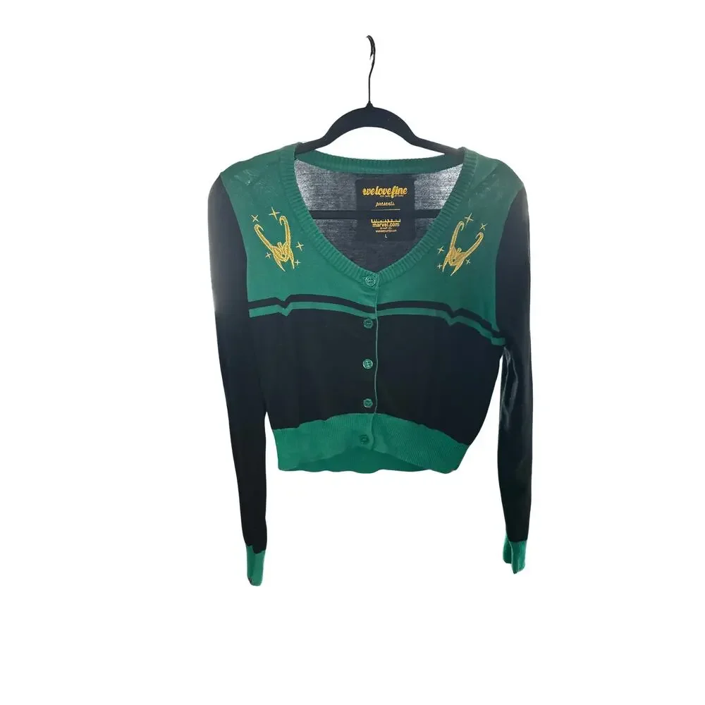 Marvel Green and Black Loki V-neck crop button cardigan with gold embroidery